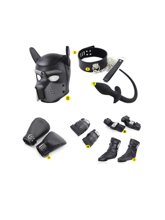 BDSM gay puppy Hood Mask+Collar+leash +tail+paw+knee pad+elbow pad+dog booties