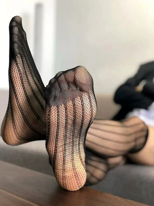 Men's Black Fishnet Socks with Vertical Stripes